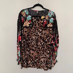 NEW Suzanne‎ Betro mixed print animal cheetah leopard long sleeve pullover shirt
